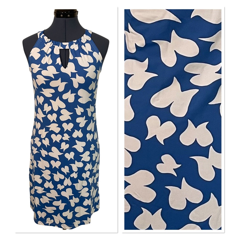 Barbara Gerwit Blue White Butterfly Keyhole Halter‎ Shift Dress Tropical S NEW